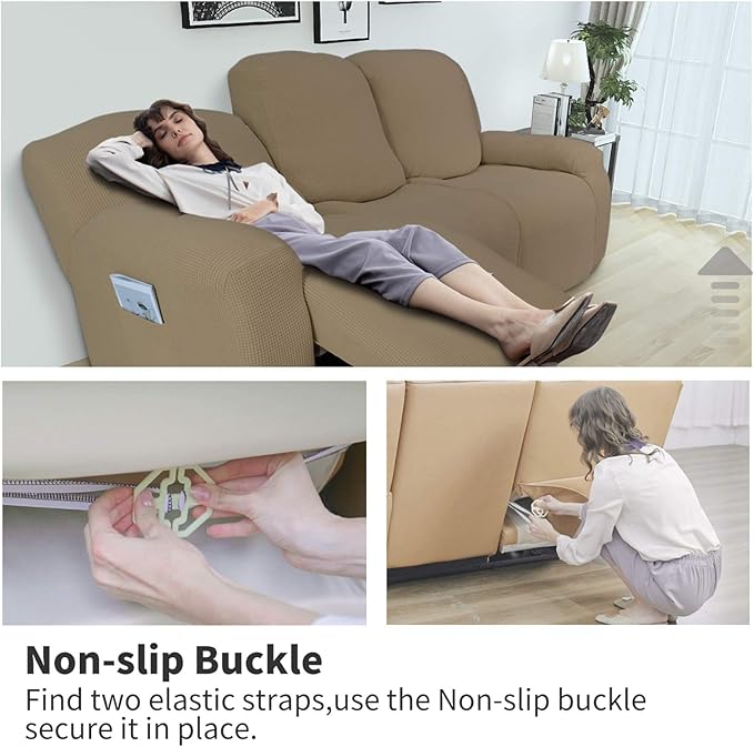 Easy-Going 8 Pieces Recliner Sofa Stretch Sofa Slipcover Sofa Cover Furniture Protector Couch Soft with Elastic Bottom Kids, Spandex Jacquard Fabric Small Checks Tan
