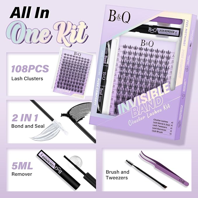B&Q Bella Lash Clusters Kit Natural Lashes Clusters Wispy Invisible Band Manga Lashes Individual Lashes Bond and Seal Eyelash Extension Kit Easy Removal (Bella Kit)