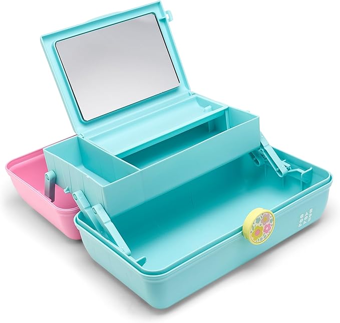Caboodles On-The-Go Girl Makeup Box, Two-Tone Pink and Light Blue, Hard Plastic Makeup Organizer Box, Built-In Mirror, Secure Latch for Safe Travel, Spacious Storage for Large Items