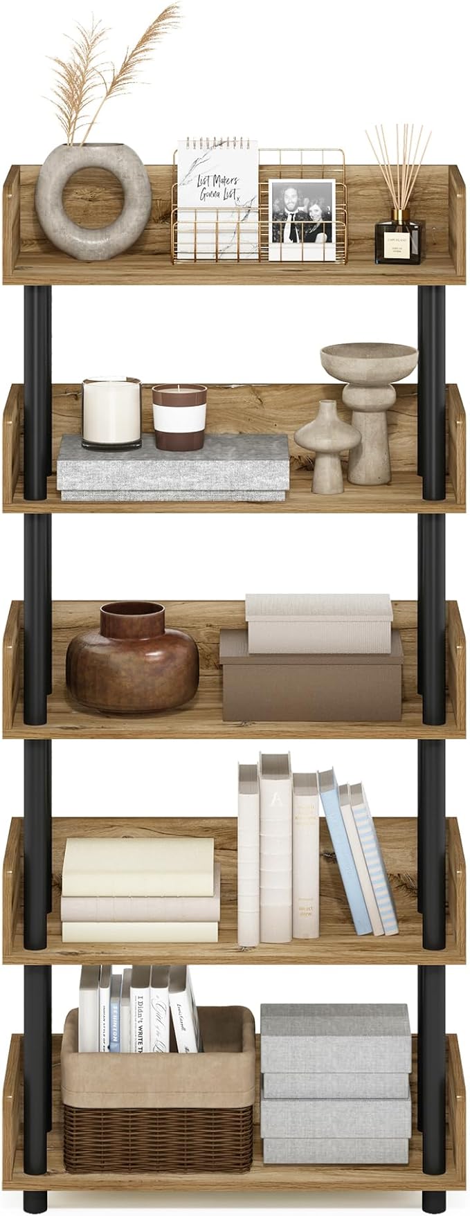 Furinno TURN-N-TUBE 5-Tier Display Shelf, Storage Shelves, Book Shelf, Open Shelves with Rounded Corner Top Edges, for Organization and Storage, Living Room, Home Office, Flagstaff Oak
