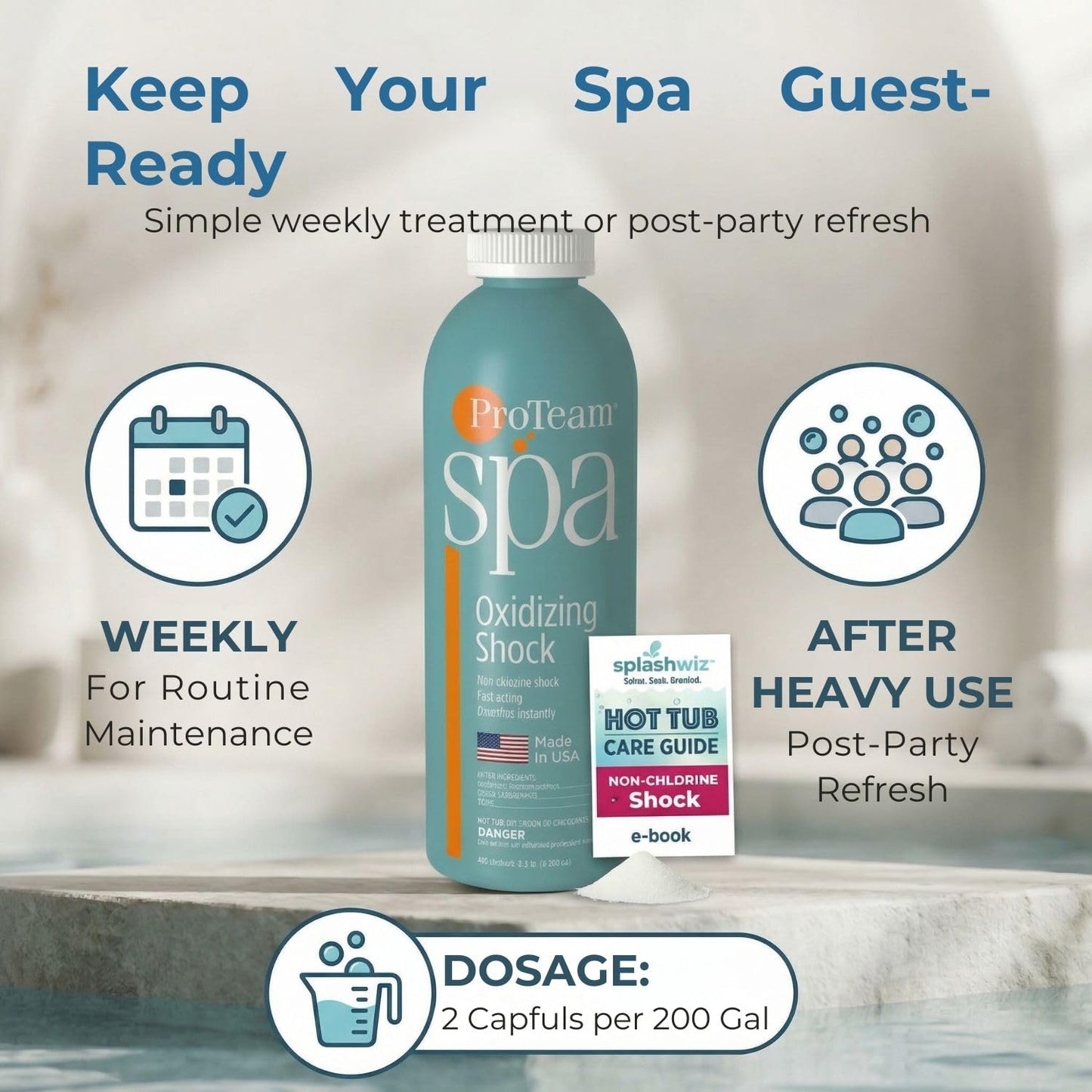 ProTeam Non-Chlorine Spa Shock for Hot Tub – Fast-Acting Oxidizing Shock Treatment, Clears Cloudy Water & Eliminates Odors – Made in USA, 2.2 lb + SplashWiz Care e-Book