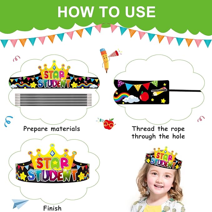 SICOHOME Paper Crown Hats Caps for Kids Paper Crowns for Students Classroom Kindergarten Preschool Party Supplies Adjustable