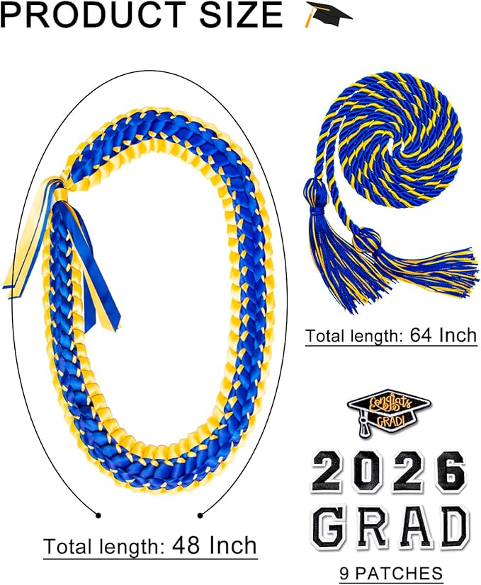 ALKB 2026 Graduation Lei Set - Two-Tone Braided Ribbon with Honor Cord, Unisex Graduation Gift for Graduates, Polyester
