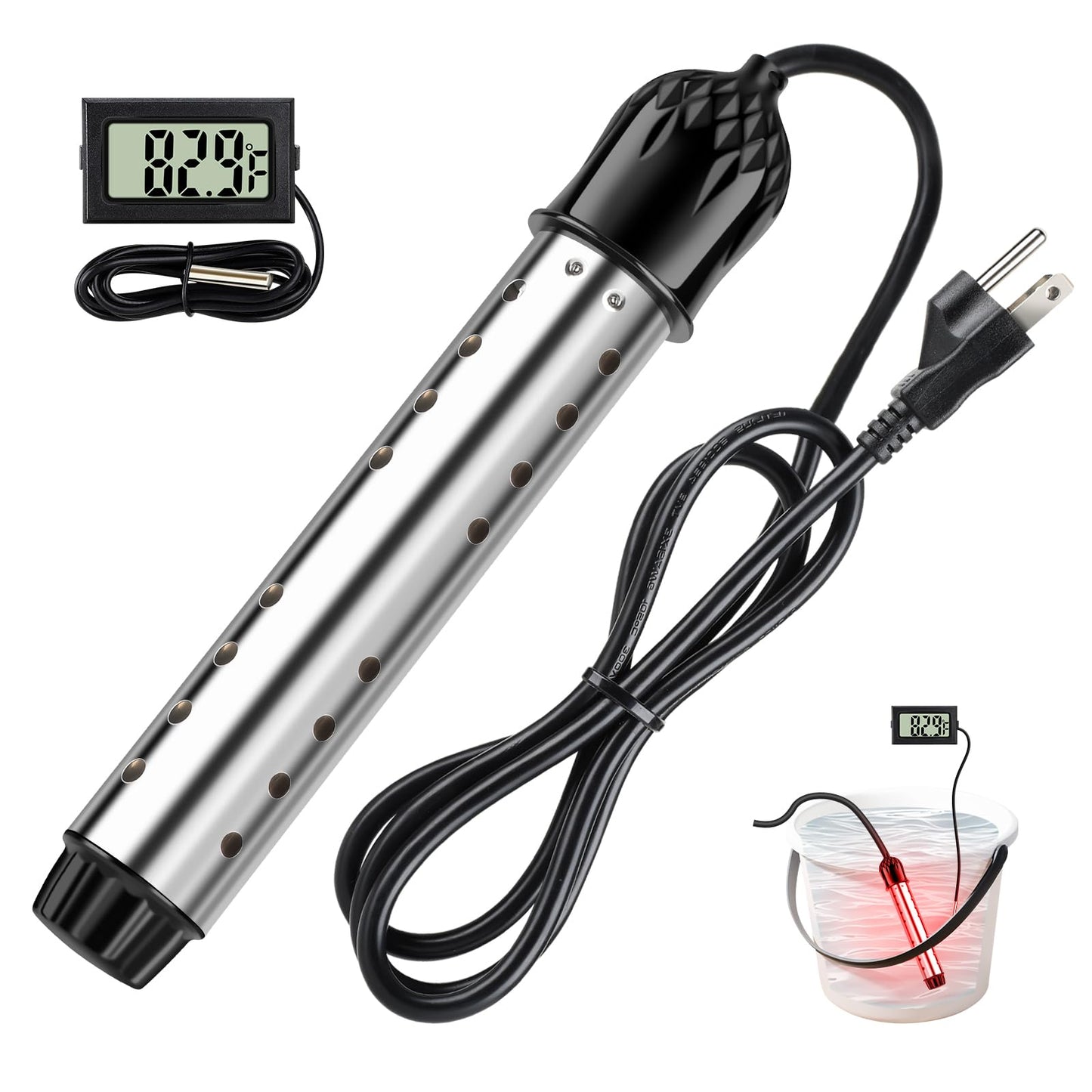 Portable Water Heater for Buckets & Tubs, 2000W Immersion Heater with Intelligent Shut-Off, Stainless Steel Guard & Digital Temperature Sensor, Fast Heating for Backyard Pools, RVs & Home Use