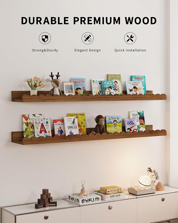 Shario Nursery Book Shelves, 4-Pack White Floating Shelves for Wall Kids, Scalloped Shelves, Wall Book Shelves for Bedroom Kids, Toddler Room, Baby Room, Nursery Decor (Walnut Brown, 36 Inches)