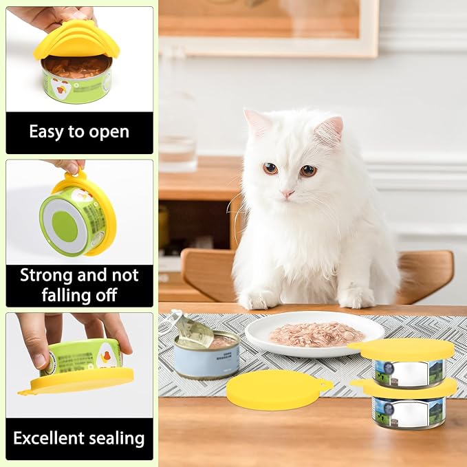 PINE & LINEN 4 Pcs Durable Pet Can Lids,One fit 3 Standard Size Silicone Waterproof Cat Food Cans Lids for 3oz/5.5oz/12.5oz/13.2oz Cat Food Cans（Yellow）