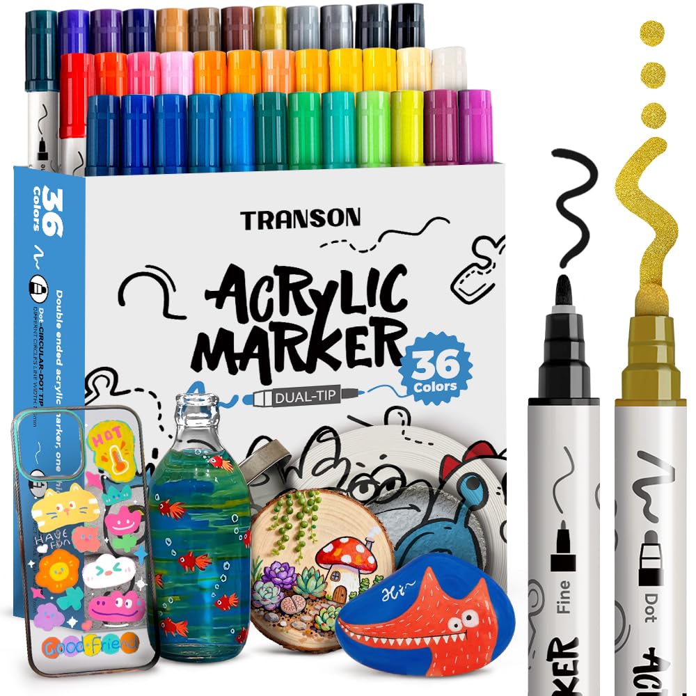 TRANSON 36 Color Bold and Fine Dual-tip Acrylic Paint Pen Set for Canvas Rock Wood Leather Ceramic DIY Painting