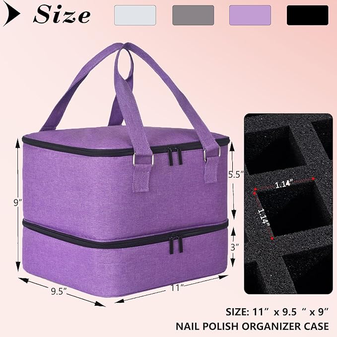 Nail Polish Organizer Case - Holds 42+ Bottles (15ml/0.5 fl.oz) and 1 Nail Lamp, Upgraded Double-layer Nail Polish Carrying Case Nail Polish Storage Bag with Handles (Purple)