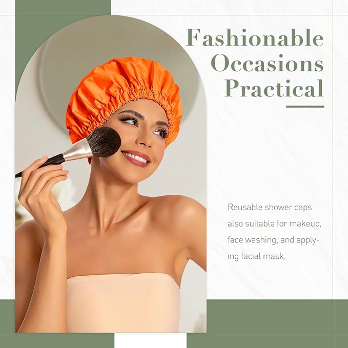 Reusable Shower Cap for Women, Large Waterproof Shower Bonnet with Elastic Band, Washable Bath Hair Cap for Long, Curly Hair, Braids, Daily Shower, Home Spa, Travel(Orange)