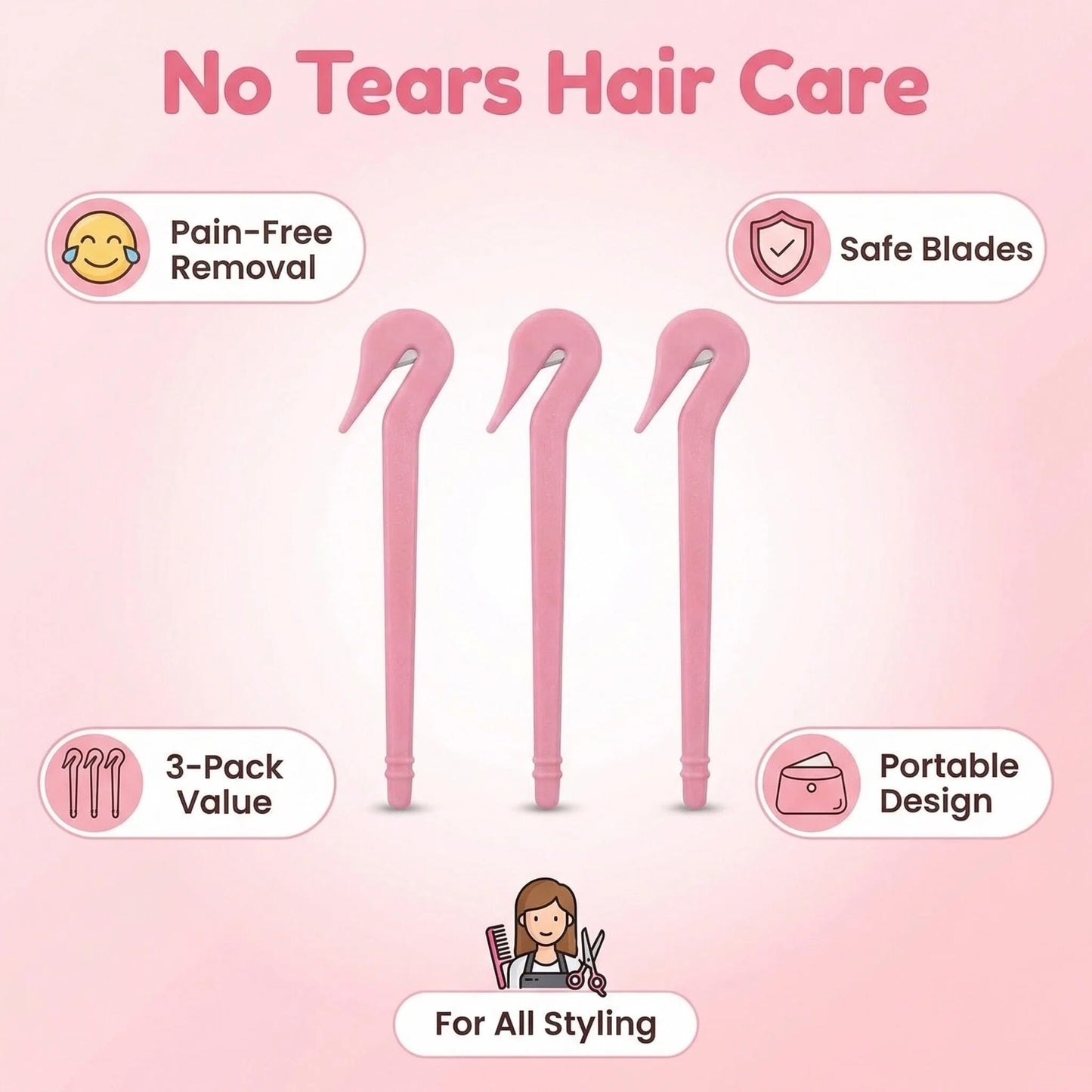 3pc Hair Tie Cutter Set - Pain Free Rubber Band Remover for Toddler Girls & Kids - Professional Elastic Hair Tie Cutter Tool for No-Damage Styling - Pink