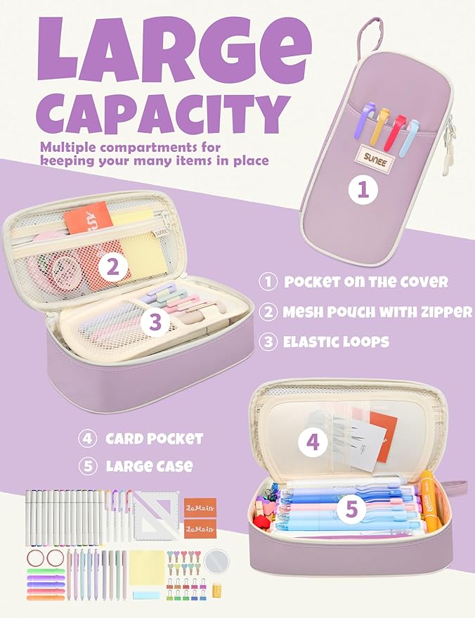 SUNEE Cute Pencil Case, Aesthetic Pen Pouch, Colored Large Pencil Bag with Zipper, Kawaii Stationery Storage and Organizer, School Supplies for Teen and Adult Girls, Purple