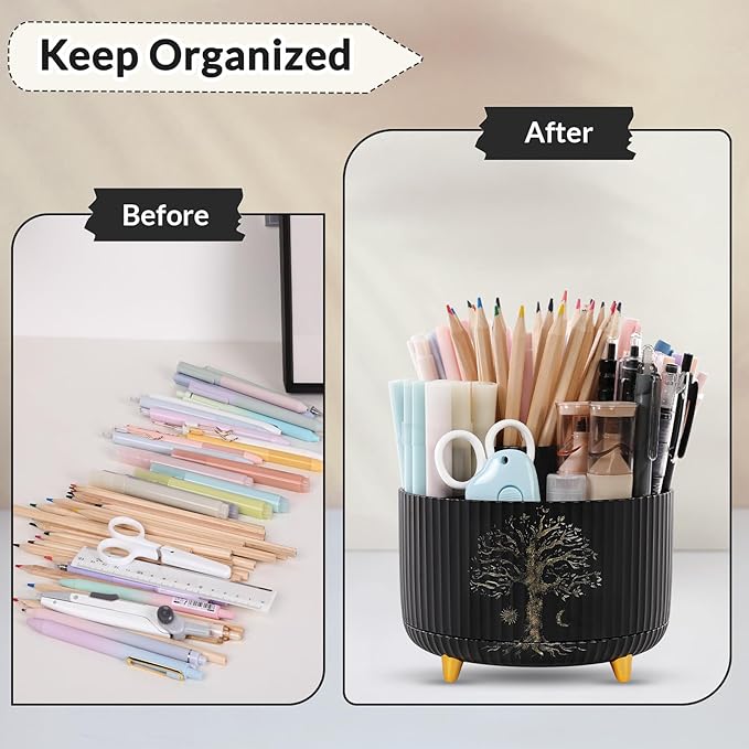 SKYDUE 360 Degree Rotating Desk Organizer, Dual-Purpose Pencil Pen Holder for Desktop, Desk Pen Organizer with 5 Slots, Office Supplies, Pencil Cup for Office, School, Home