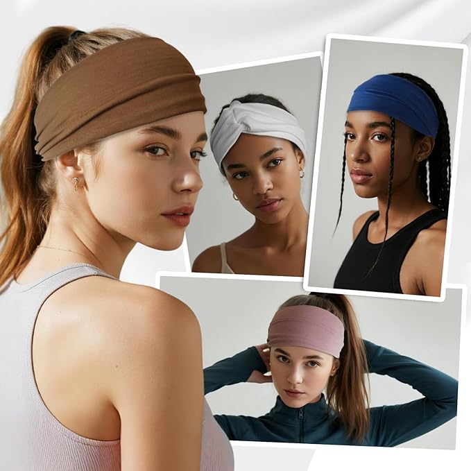 HSEM Headbands for Women, Non Silp Wide Hair Bands, Elastic Thick Head Bands, Stretchy Soft Sports Sweat Bands for Spa Workout Running Gym, Twist Knotted Cotton Cloth Turban Hair Accessories 6Pcs