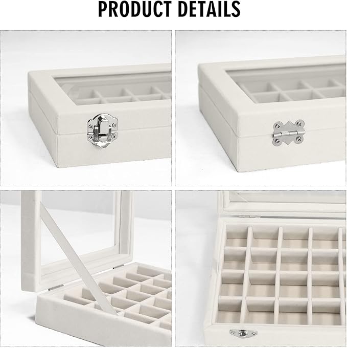 Velvet Jewelry Box 24 Grid Jewelry Ring Display Organiser Box Tray Holder Earrings Storage Case for Girls Wife Mom Women (Beige)