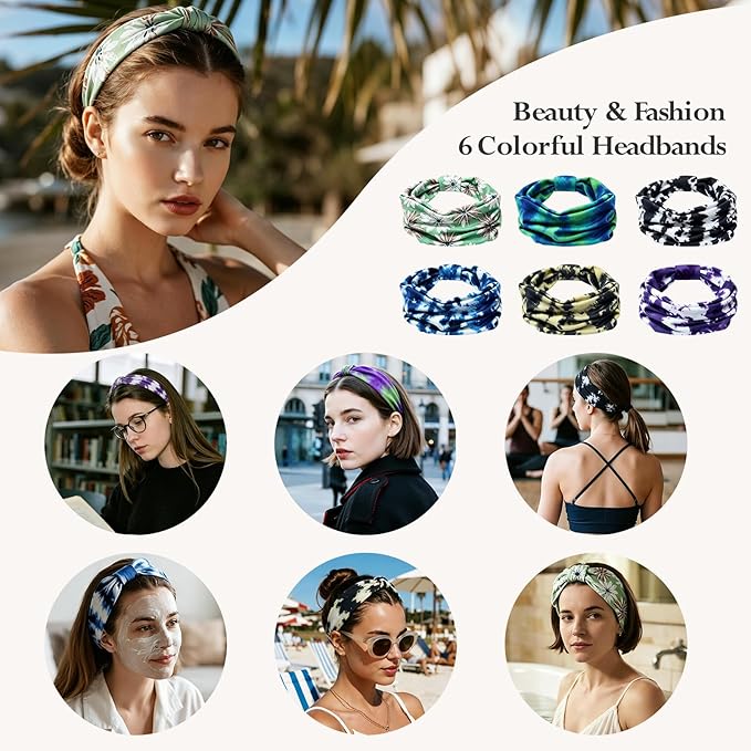 HSEM Sports Headbands for Women – 6 Pack Stretchy Non-Slip Wide Hair Bands – Soft Thick Elastic Sweatbands for Workout, Washing Face, Makeup, Running, Spa & Daily Fashion 1 Green Floral 5 Mixed 2-10