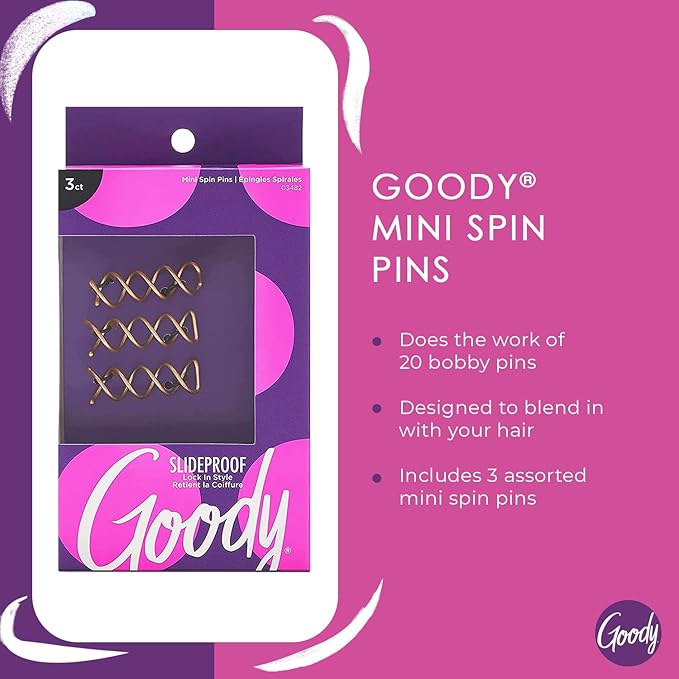 Goody SlideProof Mini Spin Pins - 3 Ct, Assorted Colors, Spiral Hair Pins, Quick & Easy Buns, All-Day Twist Pins, Corkscrew Bobby Pins, Pain-Free Hair Accessories for Women & Men, All Hair Types