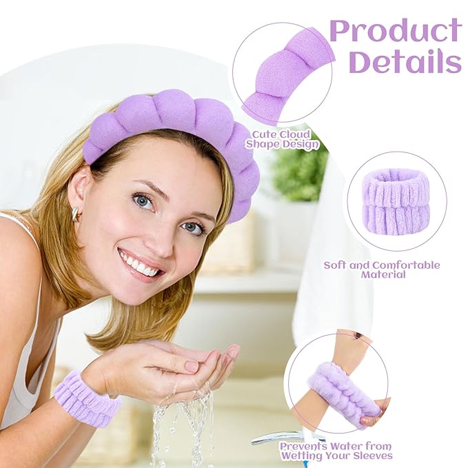 6 Pcs Terry Cloth Headbands and Wristbands - Sponge Makeup Removal, Skincare, Shower