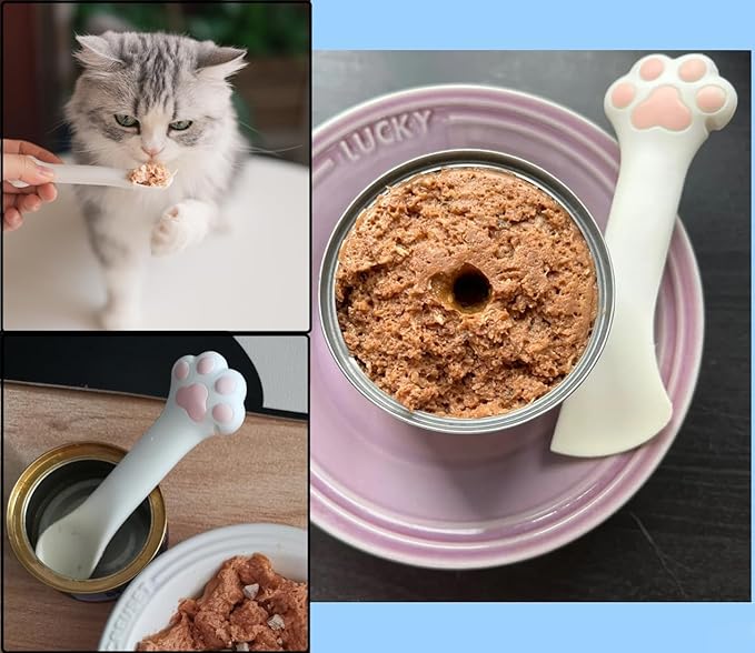 2 Pack Dog Cat Food Spoon Spatula, Cute Paw Pet Can Opener Mixing Spoons for Dog Cat Wet Food, Small Silicone Spatula Cat Treat Spoon Pet Cannd Food Scoop for Dog Cat, White