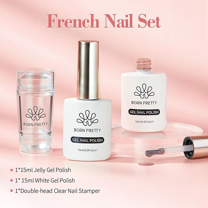 BORN PRETTY French Manicure Kit,Nail Stamper and 2Pcs Gel Nail Polish,Include Jelly Nude Light Pink White Colors for French Tip,U V Light Cure