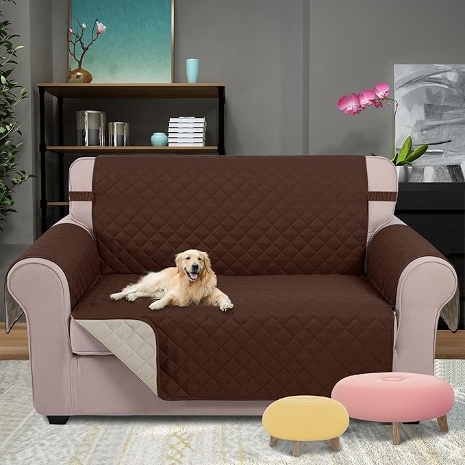 U-NICE HOME Loveseat Sofa Cover Reversible Couch Cover for Dogs with Elastic Straps Water Resistant Furniture Protector for Pets Couch Cover for 2 Cushion Couch (Loveseat, Brown/Beige)