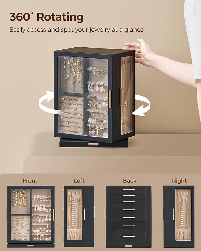 Glimmloop 360ÃÂ° Rotating Jewelry Box with 7 Drawers, Spacious Vertical Jewelry Organizer with Glass Window, Jewelry Storage Case, Dustproof & Moisture-resistant Design, Black
