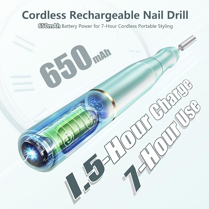 Cordless Nail Drill Electric Rechargeable File Kit, Professional Efile Acrylic Gel Nail Polish Remover Pedicure Manicure Machine Portable Set with 11 Bits 56 Sanding Bands for Salon Mint Green