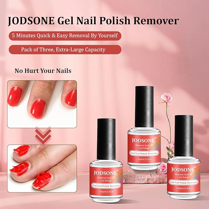 JODSONE Professional Gel Nail Polish Remover Kit:3Pcs Quick 15ML Gel Nail Polish Remover,2 Sanding Strips and Steel Pushers,Complete with Professional and Highly Efficient Tools,Safe Remove at Home
