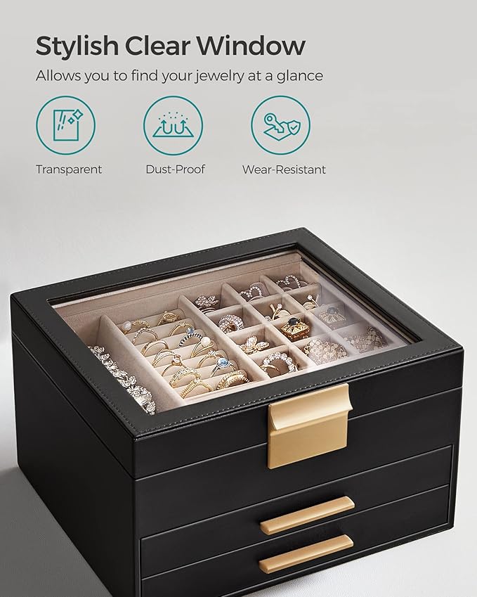 SONGMICS GISELLA Collection - Jewelry Box Organizer, 3-Layer Jewelry Storage with 2 Drawers, Shiny Metal Hardware, Glass Lid, Modern, 8 x 9.1 x 5.3 Inches, Ink Black and Gold Color UJBC239B03