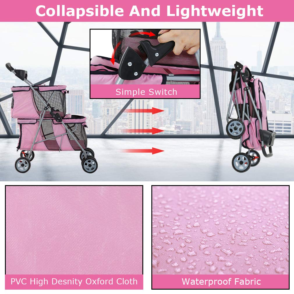 Dog Stroller Cat Pet Carriers for Small Medium Dogs Cats Travel Camping 4 Wheels Lightweight Folding Crate Stroller with Soft Pad (Pink)