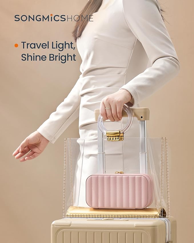 SONGMICS HOME Travel Jewelry Case, Travel Jewelry Box Organizer with Mirror, 4.1 x 8 x 2.4 Inches, Stitching, Portable, Gift Idea, Jelly Pink UJBC180S01