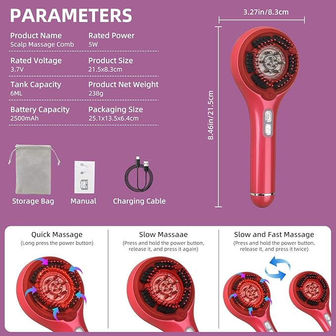 Hair Growth Brush Stimulator, Hair Oil Massager Scalp Oil Brush IPX5 Proof Electric Scalp Massager, 3 Massage Modes