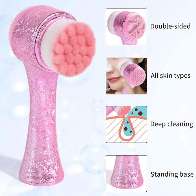 Face Brush 2 in 1, Facial Cleansing Exfoliating Brush with Ultra Fine Soft Bristles for Pore Deep Cleansing Silicone Double Side Face Wash Scrub Brush for Skin Care, Ice Flower Pink