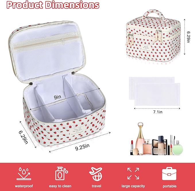 Makeup Bag, Portable Travel Make up Bag, Large Capacity Quilted Cosmetic Organizer Bag, Cute Floral Toiletry Bag for Women Girls (Strawberry)