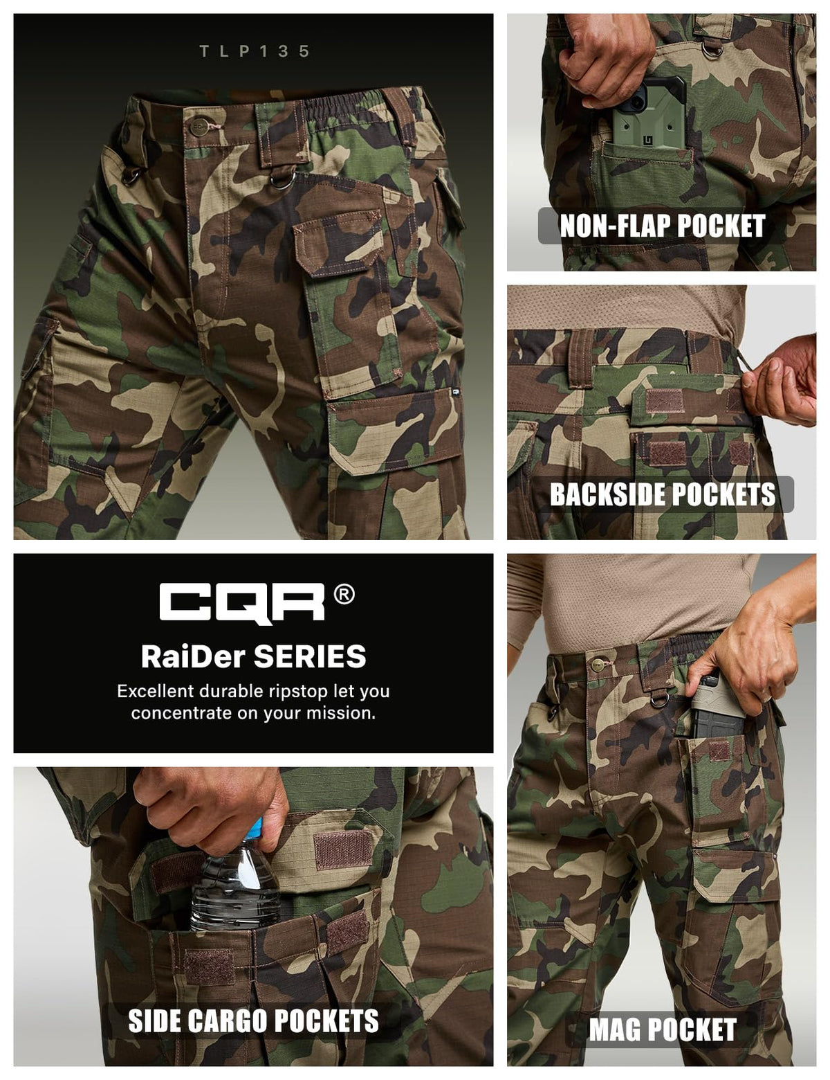 CQR Men's Tactical Pants, Water Resistant Ripstop Cargo Pants, Lightweight EDC Work Hiking Pants, Outdoor Apparel, Duratex Mag Pocket Print Woodland Camo, 30W x 30L