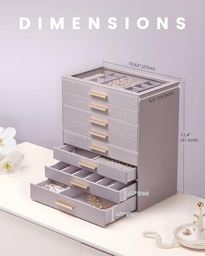 Lolalet Jewelry Box Organizer, 8-Layer Jewelry Organizers and Storage Case with Glass Lid, Ring Earring Bracelet Necklace Holder Organizer, Birthday Valentine Gifts for Women Girls -8Layer, HazePurple