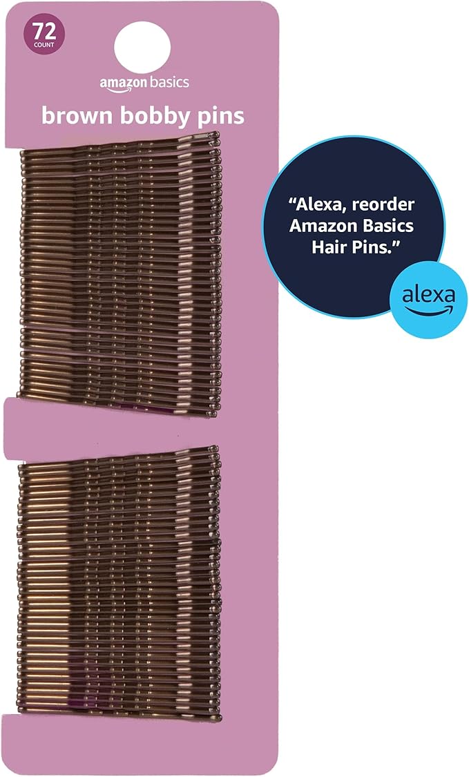 Amazon Basics No Slip Bobby Hair Pins, Brunette Brown, High Gloss for Comfortable All-Day Styling and Updos, All Hair Types, 72 Count