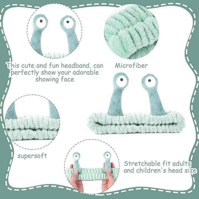 Face Wash Headband, Palm and Snail Spa Hair Bands Makeup Headbands Women Cartoon Cute Coral Fleece Elastic Headband Creative Hair Accessories for Washing Face Shower Sports (Light green)