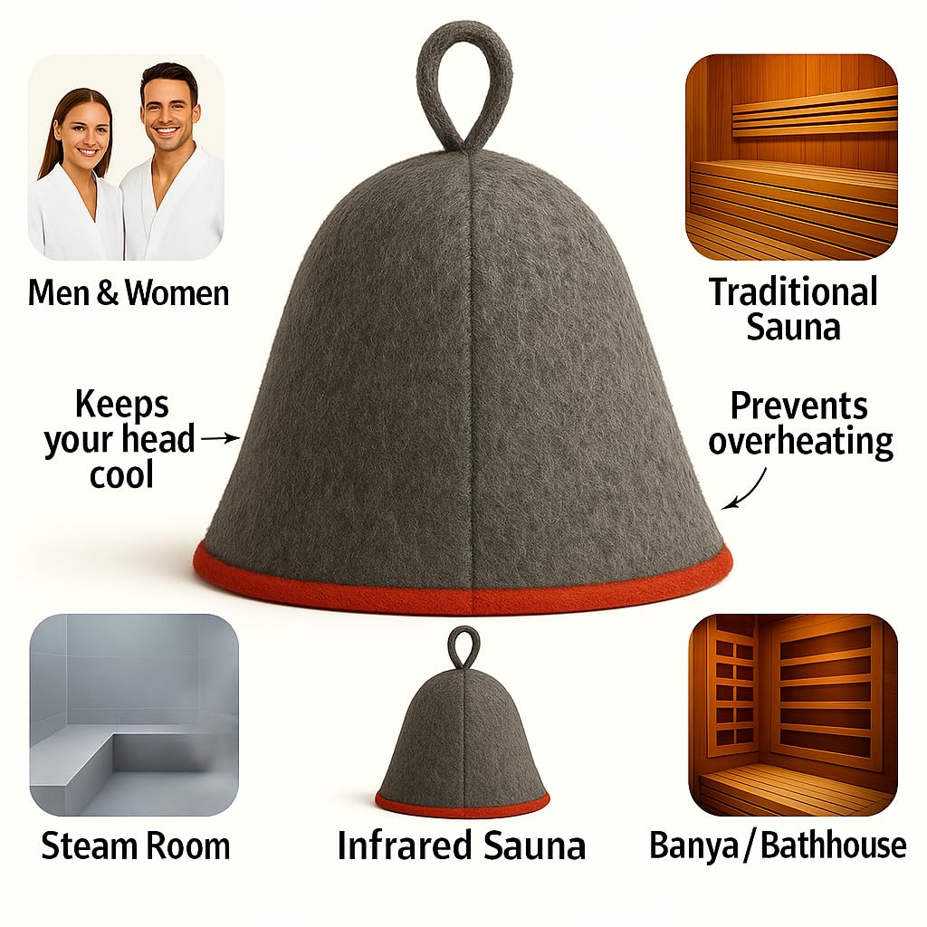 Premium Sauna Hat – 100% Natural Wool, Handmade Sauna Headwear for Men and Women – Eco-Friendly, Breathable, Insulating Hat for Sauna, Steam Room, Banya, and Bathhouse – One Size Fits All, Grey-Red