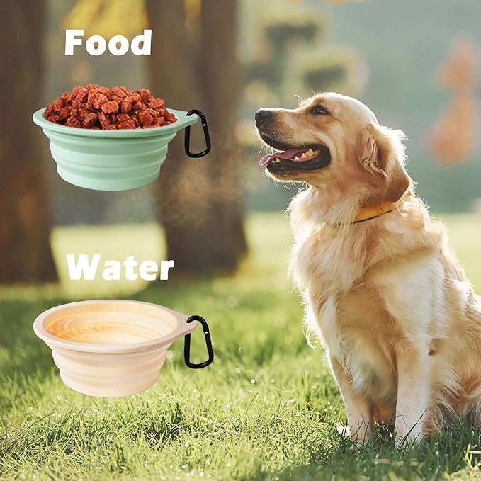 PetBonus 2-Pack Large Silicone Collapsible Dog Bowls, 34oz/1000ml BPA Free Portable Foldable Travel Bowl for Pet Cat, Food Water Feeding Dish for Camping with 2 Carabiners (Light Mint, Beige Cream)