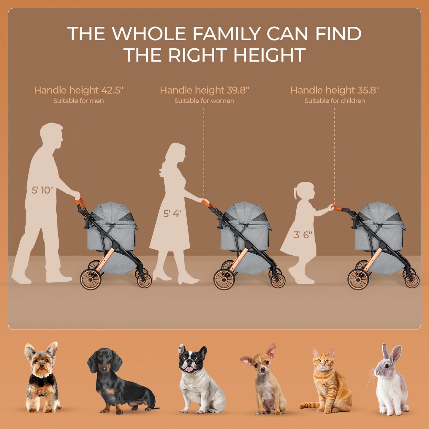 MAMIZO Foldable Dog Stroller for Medium Dogs Cats Up to 33 Lbs, Adjustable Height Handle, Pet Stroller with Aluminum and Carbon Steel Frame, Sun Shades, Storage Basket & Shock Absorbers, All-Terrain