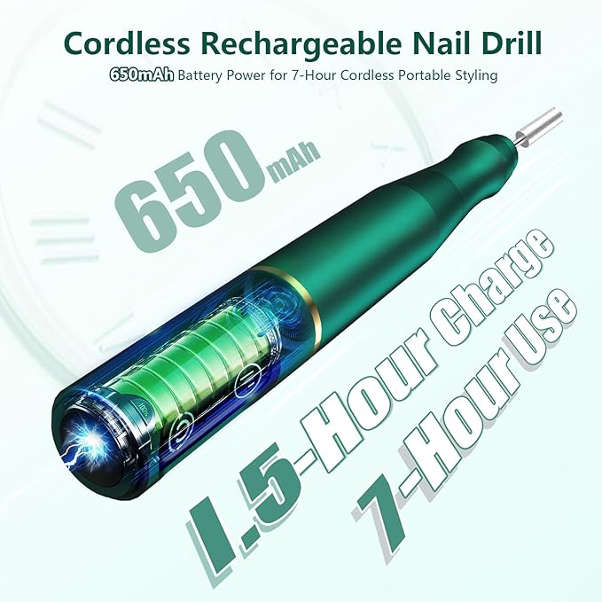 Cordless Nail Drill Electric Rechargeable File Kit, Professional Efile Acrylic Gel Nail Polish Remover Pedicure Manicure Machine Portable Set with 11 Bits 56 Sanding Bands Salon Blackish Green