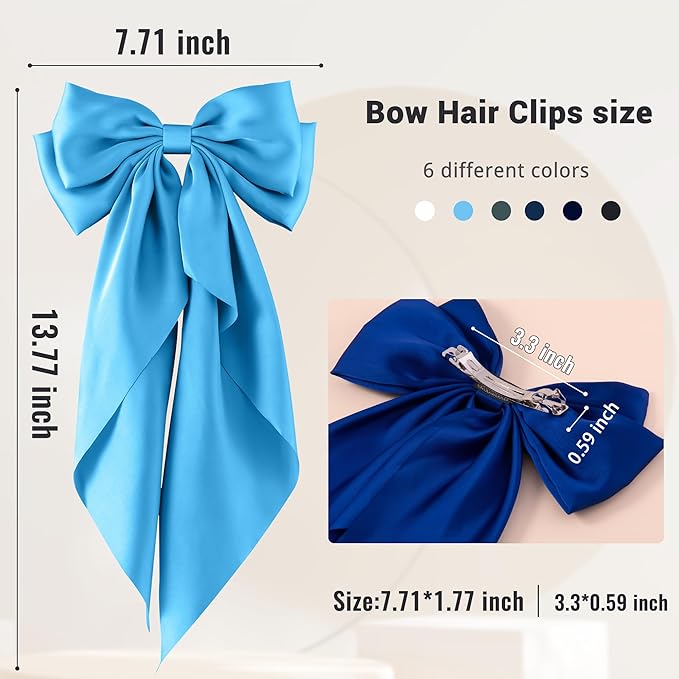 6Pcs Large Bows Hair Clips for Women Girls Long Tail Hair Ribbon Silky Satin Barrettes Coquette Bows Accessories (Black/Skyblue/White/Navyblue/Bluegrey/Royalblue)