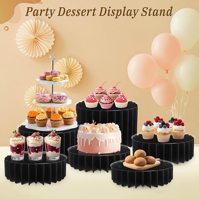 6Pcs Buffet Risers, Food Risers for Table, Foldable Cake Display Stands, Tall Cardboard Cupcakes Stand for Show Catering Desserts Jewelry Wedding Birthday Party Decoration (Black)