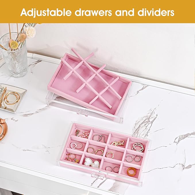 ProCase Earring Holder Organizer Jewelry Box with 3 Drawers, Acrylic Clear Earring Case with Adjustable Velvet Trays for Women - Pink, 3 Layers