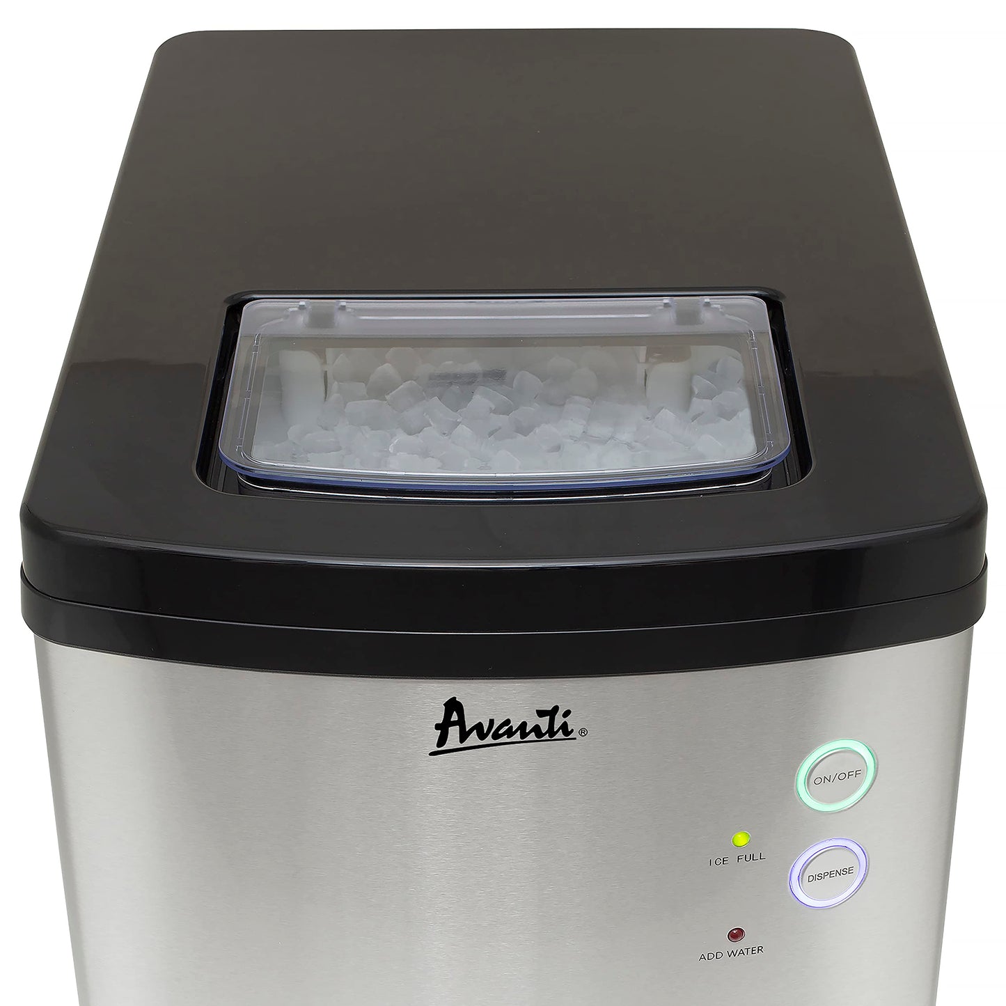 Avanti Nugget Ice Maker with Electronic Controls and Dispenser Countertop Use Makes 33lbs of Chewable Ice Per Day Perfect for Kitchen Office or Breakroom, Includes Ice Bin, 195-Watts, Stainless Steel