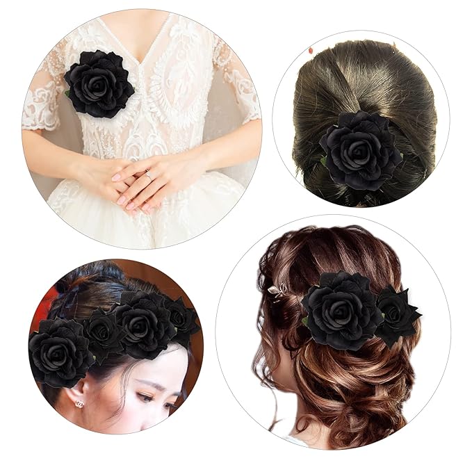 Rose Hair Clip Flower Hairpin Brooch Floral Clips, 4 Pcs Fabric Rose Flowers Hair Clips Mexican Hair Flowers Pin up Headpieces for Woman Girl Wedding Party Mother's Day (Black)