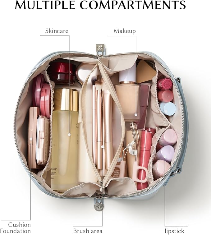 EACHY Travel Makeup Bag, Large Capacity Cosmetic Bag for Women, Waterproof PU Leather, Flat Open Portable Toiletry Bag for Skincare, Brushes & Travel Essentials