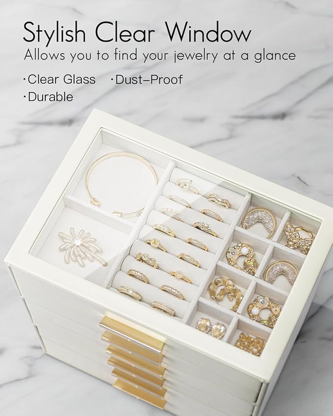 VLANDO 6 Layer Jewelry Box for Women, Glass Lid Jewelry Organizer with 6 Drawers for Necklaces Rings Earrings Bracelets - Cloud White