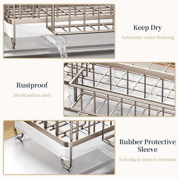 Consuemst Sponge Holder for Kitchen Sink - Auto Draining Sink Caddy Organizer with Detachable Rack, High Brush Holder, Kitchen Countertop Storage Accessories, Sand Nickel