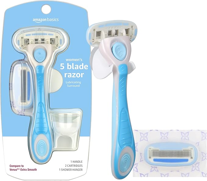 Amazon Basics 5-Blade Extra Smooth Razor for Women with Moisturizing Strips, Handle, 2 Cartridge Refills & Shower Holder (Previously Solimo)